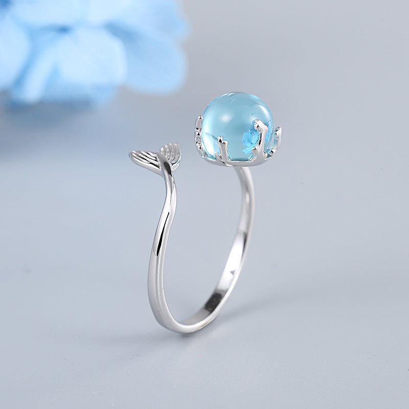 Womens Sterling Silver Mermaid Ring Adjustable Korean U Shaped Open Band White Gold Plated Fashion Chic Styles