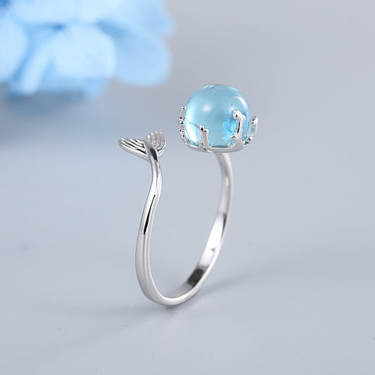 Womens Sterling Silver Mermaid Ring Adjustable Korean U Shaped Open Band White Gold Plated Fashion Chic Styles