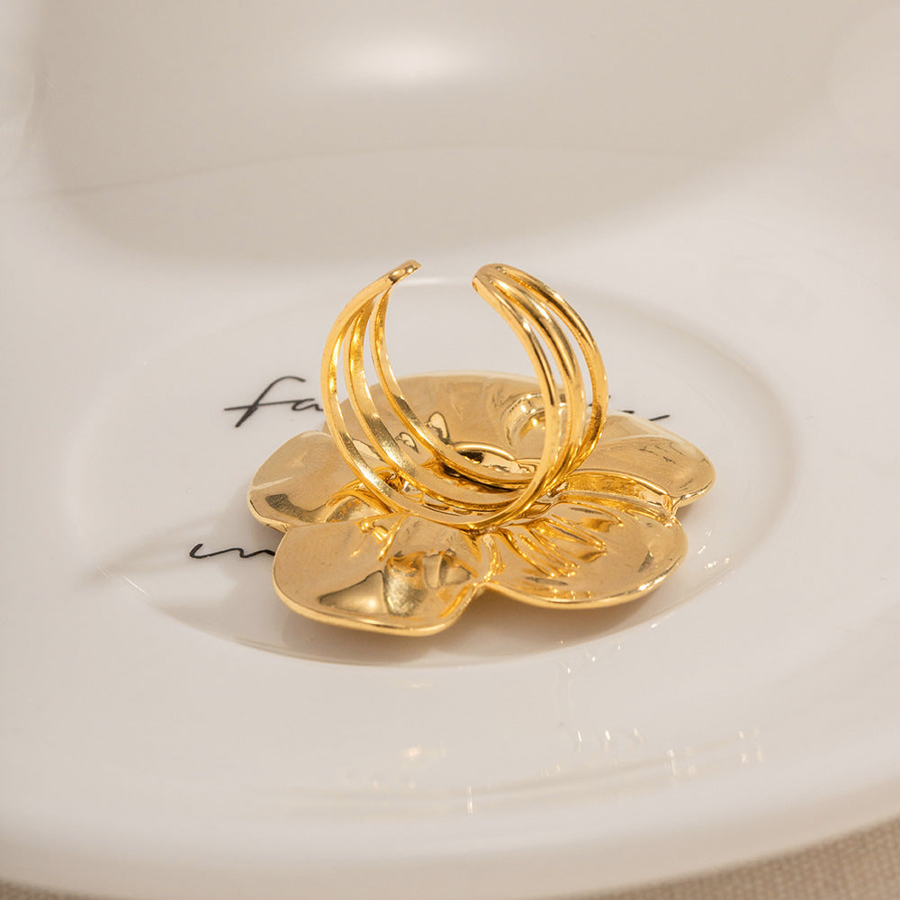 Womens Stainless Steel Ring Geometric Flower Vein Design Gold Tone Non Fading Jewelry Elegant Jewelry Gift Set