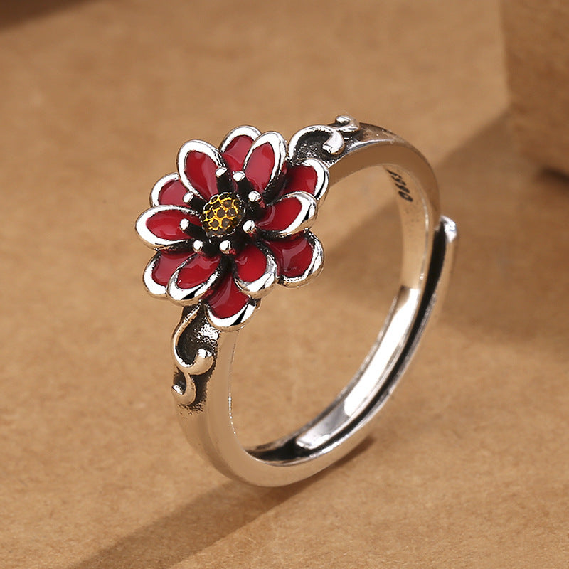 Adjustable Copper Ring With Open Design Vintage Flower Lotus Petal 11mm Bloom Width Fashionable Ring Fashion Accessory