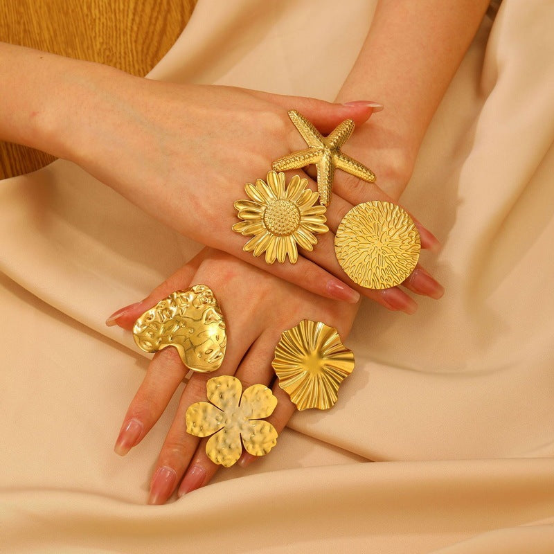 Womens Stainless Steel Ring Embossed Design Heart Flower Starfish Geometric Shapes Electroplated Jewelry Shiny