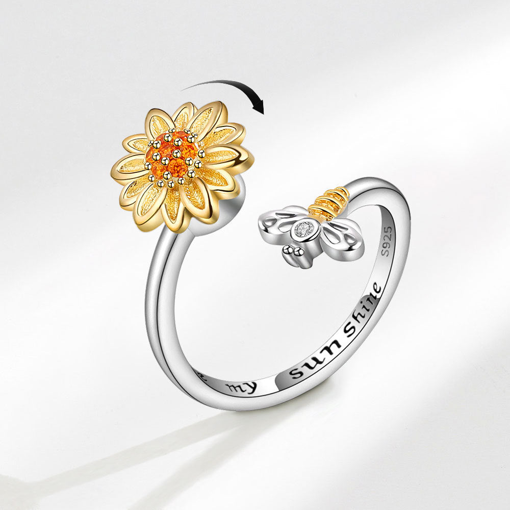 Adjustable Pressure Relief Opening Decompression Ring with Zircon Mosaic Sunflower Bee Geometry Size 15 Platinum Color
