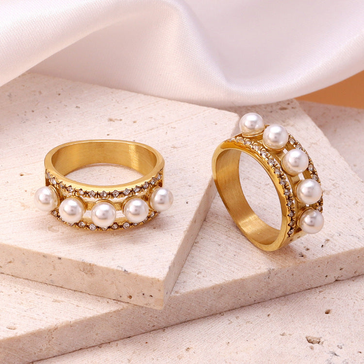 Womens Stainless Steel Ring With Pearl And Diamond Geometric Gold Ring For Her Gift Lovely Accessory For Women