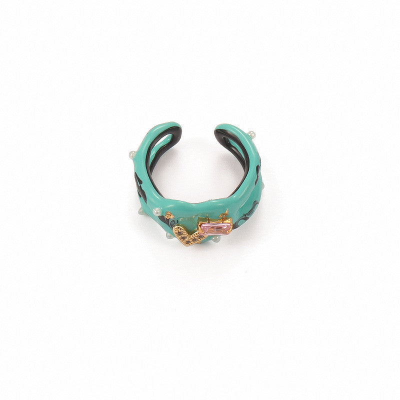 Womens Handmade Zircon Pearl Ring Bracelet Oil Drip Heart Alloy Size One Style Sweet Cool One Size Mm Color Style