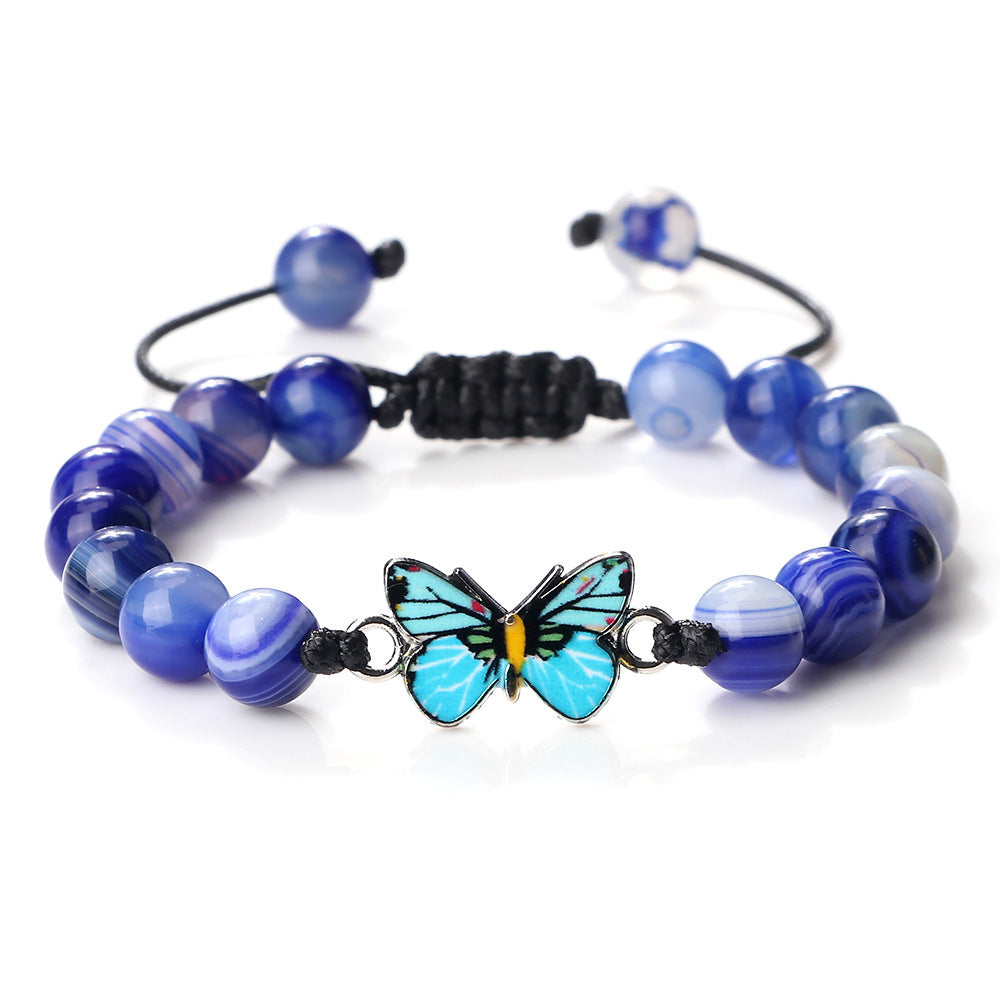 Woven Butterfly Bracelet Adjustable Handmade Tiger Eye Volcanic Rock Agate White Porcelain Bead Jewelry Gift For Women