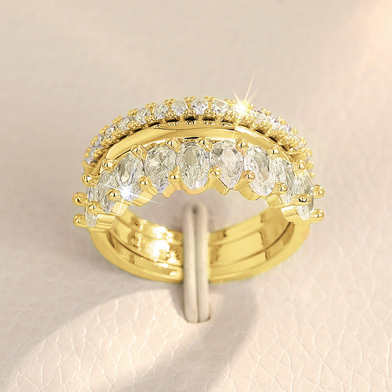 Zircon Ring Three Piece Wedding Banquet Inlaid Zircon Copper White Gold Yellow Gold For Female Size 6 7 8 9 10
