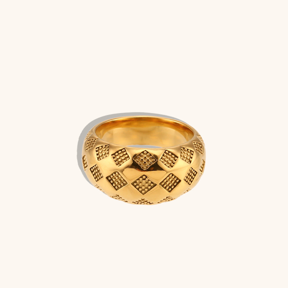 Womens Stainless Steel Ring Electroplated Golden Lattice Design Thin or Thick Band Geometric European American Jewelry Gift for Her Sizes 6 7 and 8