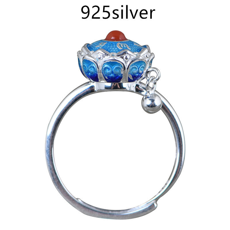 Buddhist Rotating Ring Six Character Mantra Turning Cylinder Copper Enamel Lotus Meditation Ring Transfer Ring