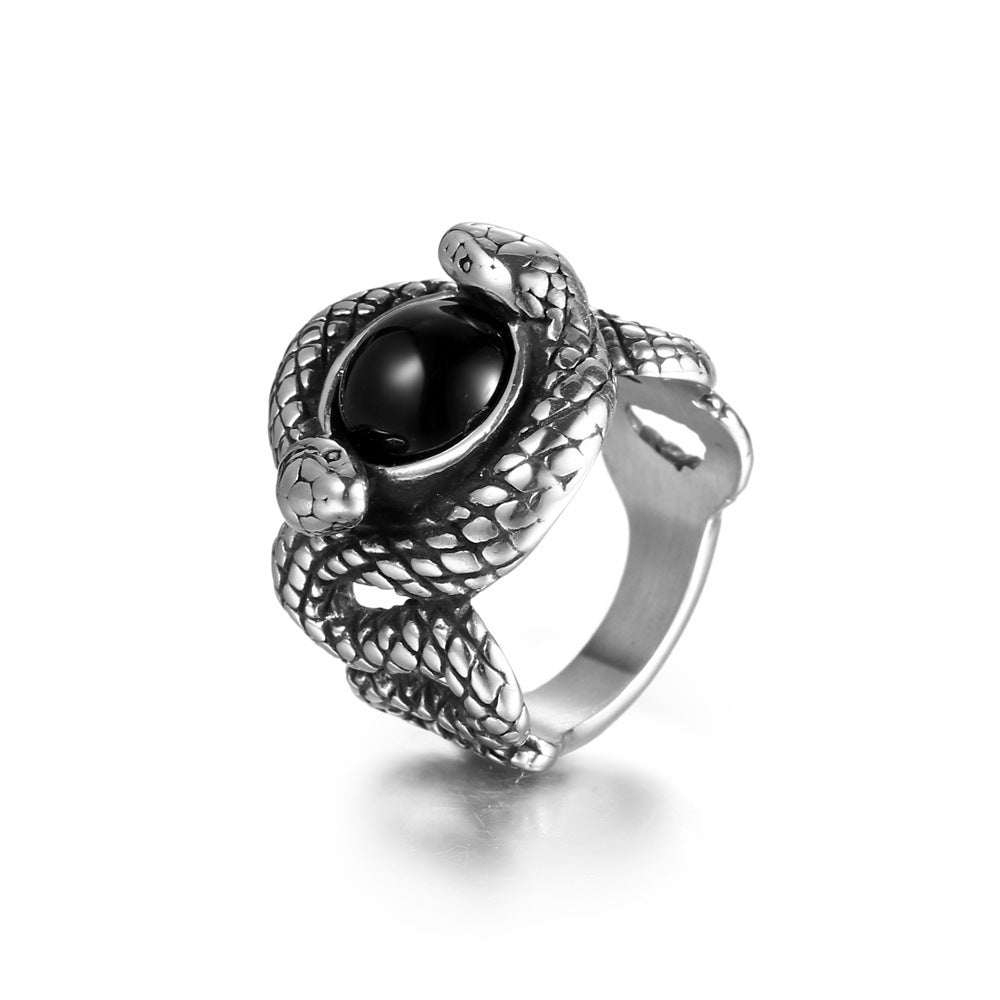 Men's Double Snake Ring Vintage Titanium Steel Biker Ring with Zircon Stone Retro Fashion Jewelry Ring Gift for Him Red Black Sizes 7 to 12
