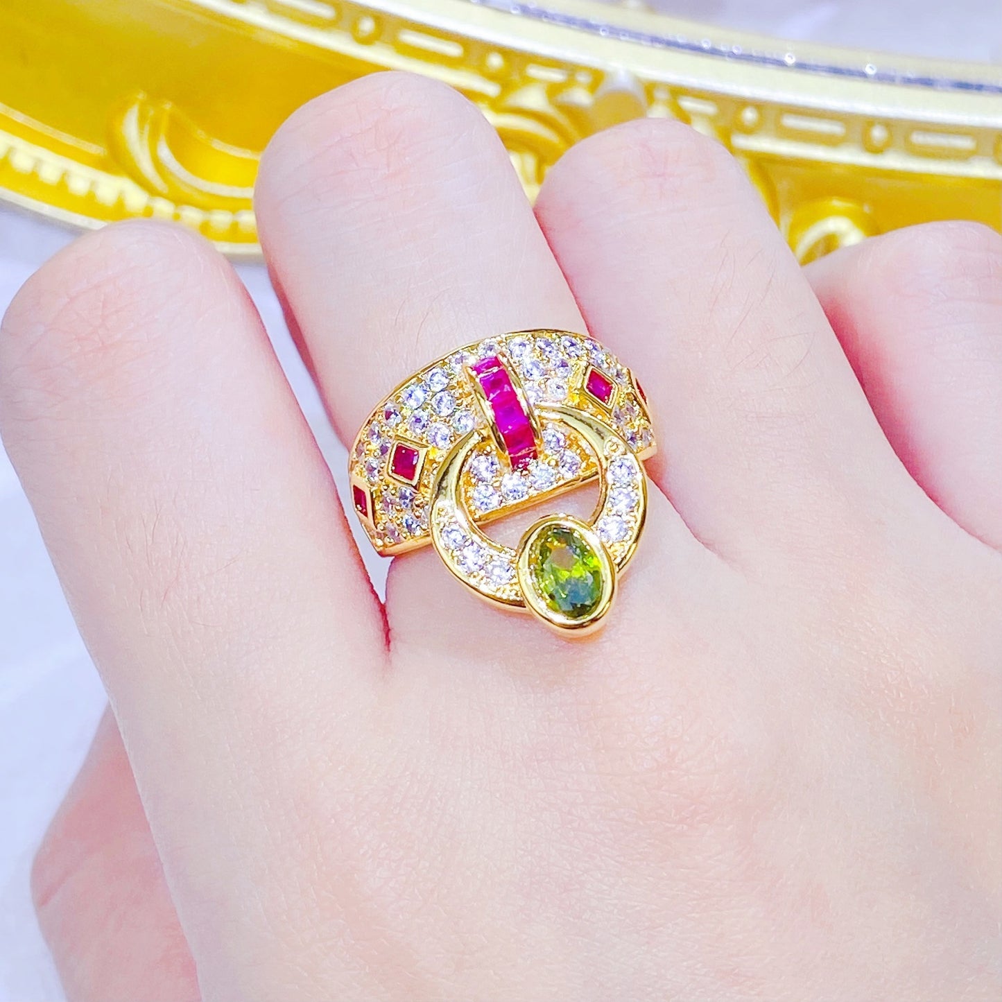 Adjustable Copper Ring With Diamond Zircon Geometric Ellipse Retro Style for Women Elegant Everyday Style Glow