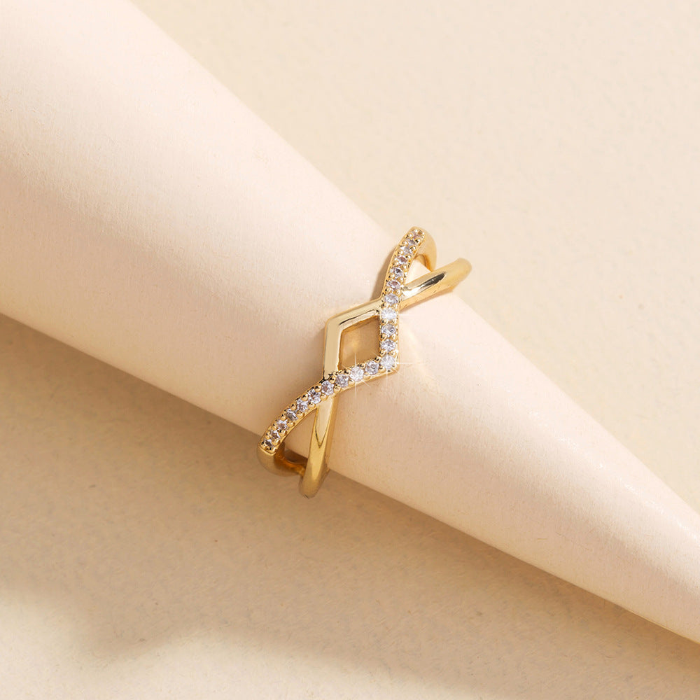 Golden Cross Ring Adjustable With Inlaid Zircon Stones Copper Wave Ring Women Gifting Elegant Jewelry For All