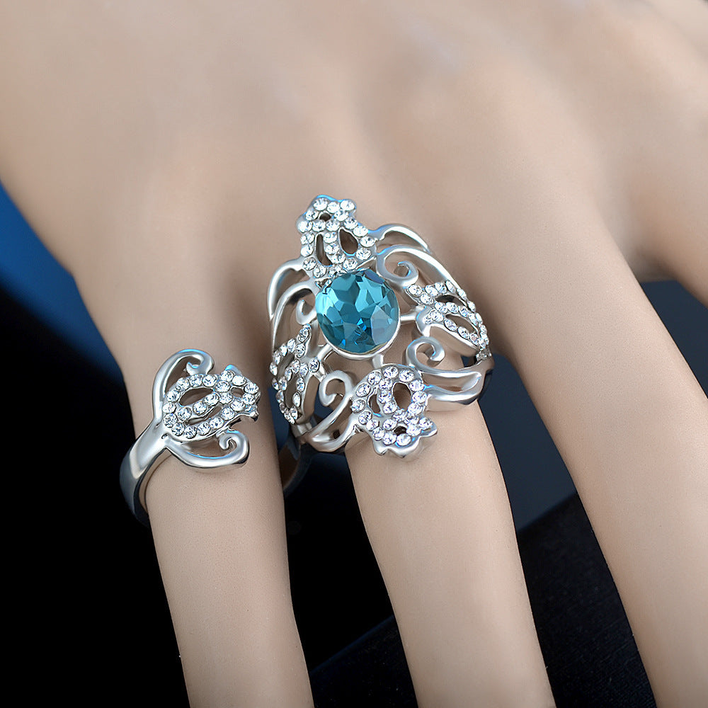 Bohemian Openwork Diamond Gemstone Double Ring Gold Plated Flower Design Jewelry For Women Elegant Fashion Accessory