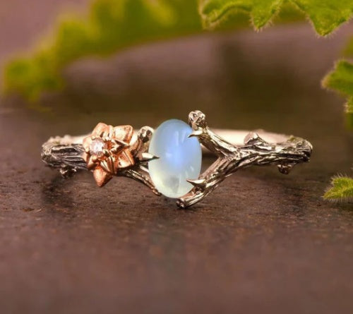 Moonlit Stone Ring Gold Plated Alloy Ring With Artificial Gemstones Vintage Silver Ancient Tree Design Fashion