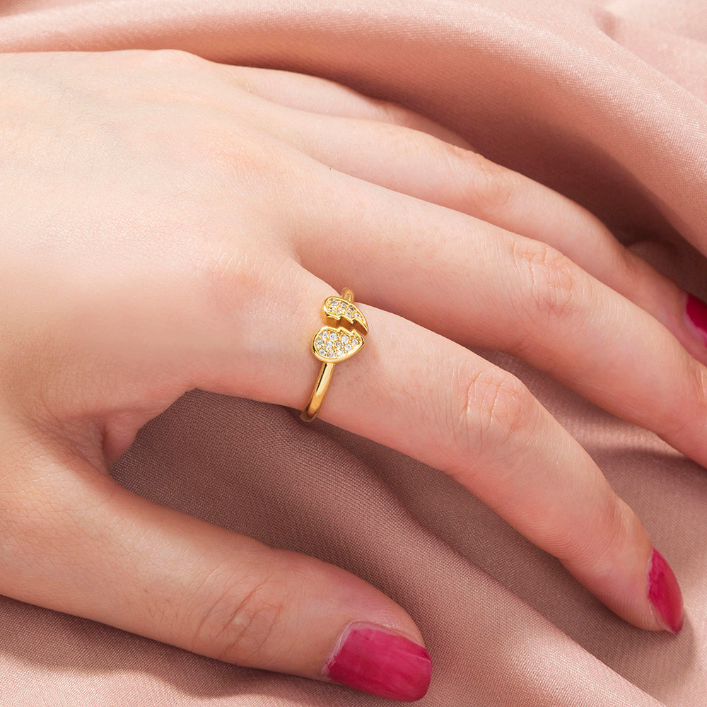 Adjustable Brass Gold Plated Couple Ring With Heart Zircon