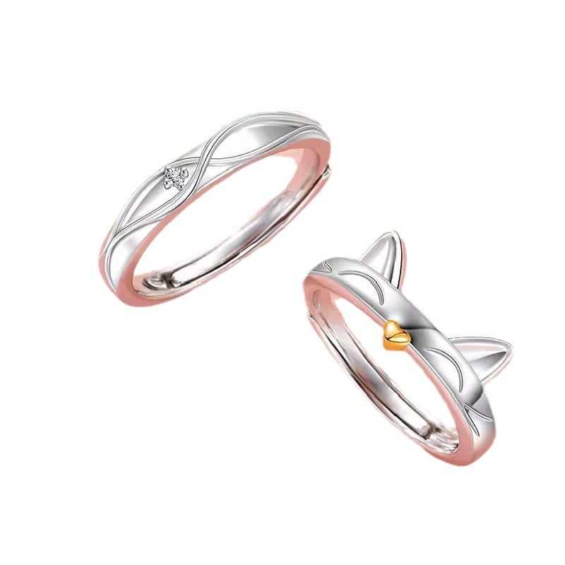 Cat Couple Rings Adjustable Copper Matching Rings For Him And Her Cute Electroplated Promise Set Anniversary Gift