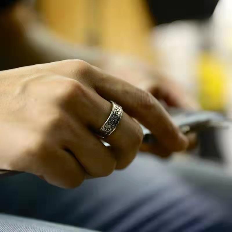Handmade Coin Rings With Edelweiss Pattern Silver Plated Unisex Retro Geometric Jewelry Elegant Vintage Finish