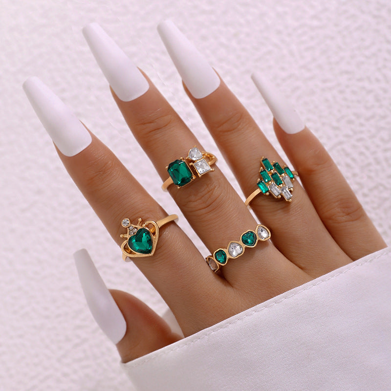 Unisex Alloy Rings Set Electroplated Finish Love Palm Emerald Diamond Ring Set Fashion Jewelry 4 Piece Set Now