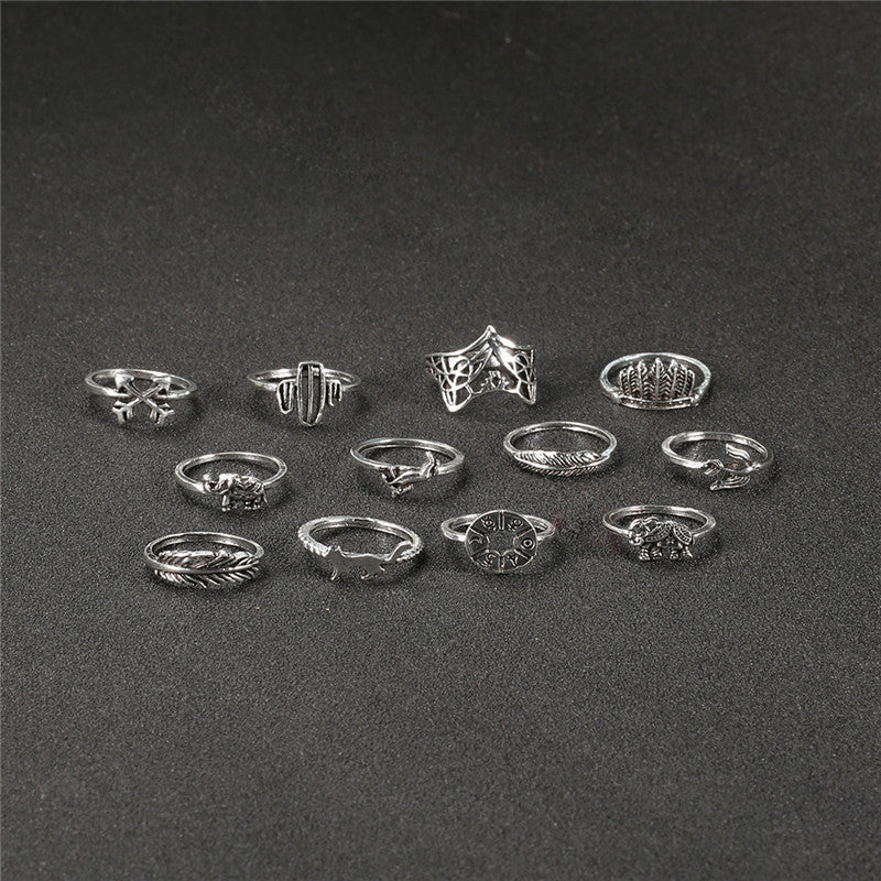 Animal Zodiac Rings Set 12 Pieces Alloy Rings European And American Electroplated Leaf Fox Elephant Retro Jewelry
