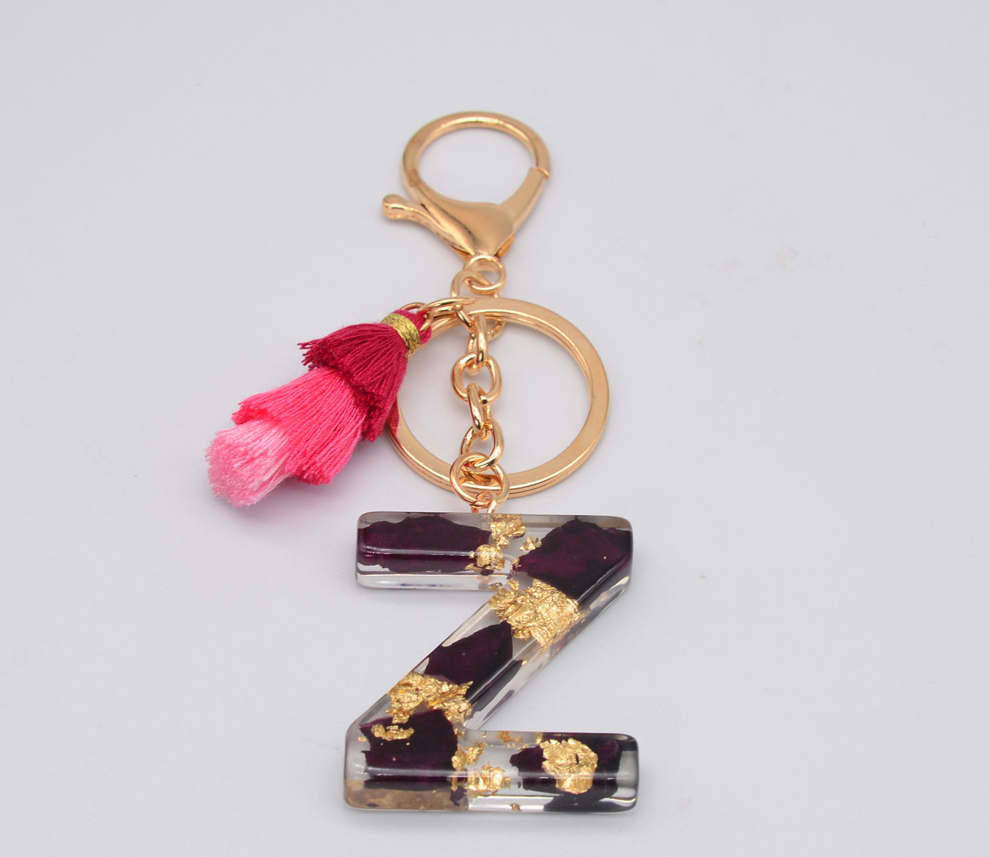 Resin Floral Keychain With Tassel Pendant Black Rose Design Durable Craftsmanship Initial Letter Bag Accessory