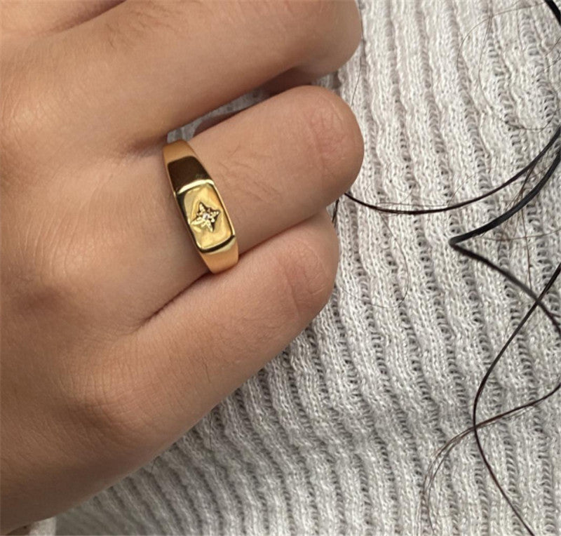 Unisex Stainless Steel Ring With 18k Gold Inlay Six Pointed Star Seal Fashion Ring Letters Numbers Text Design