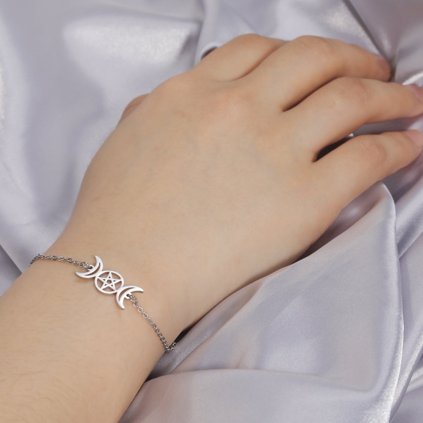 Unisex Titanium Steel Bracelet Double Crescent Pentagram Star Design Jewelry Gift for Men or Women Electroplated Finish