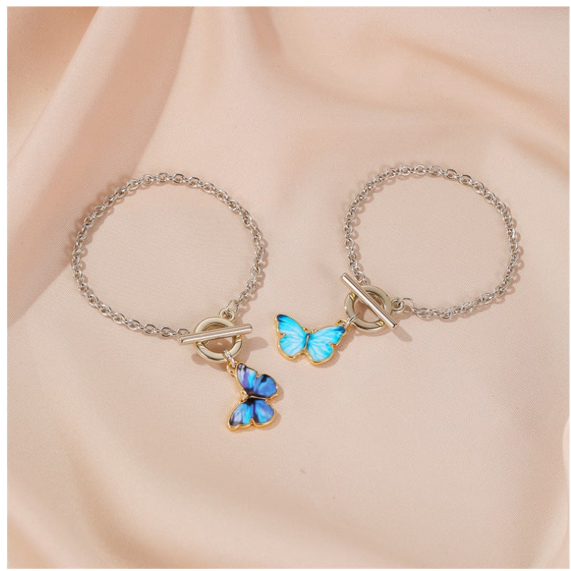 Womens Gold Plated Butterfly Pendant Bracelet European Geometric Design Alloy Bangle Dark Blue Light Blue Glow