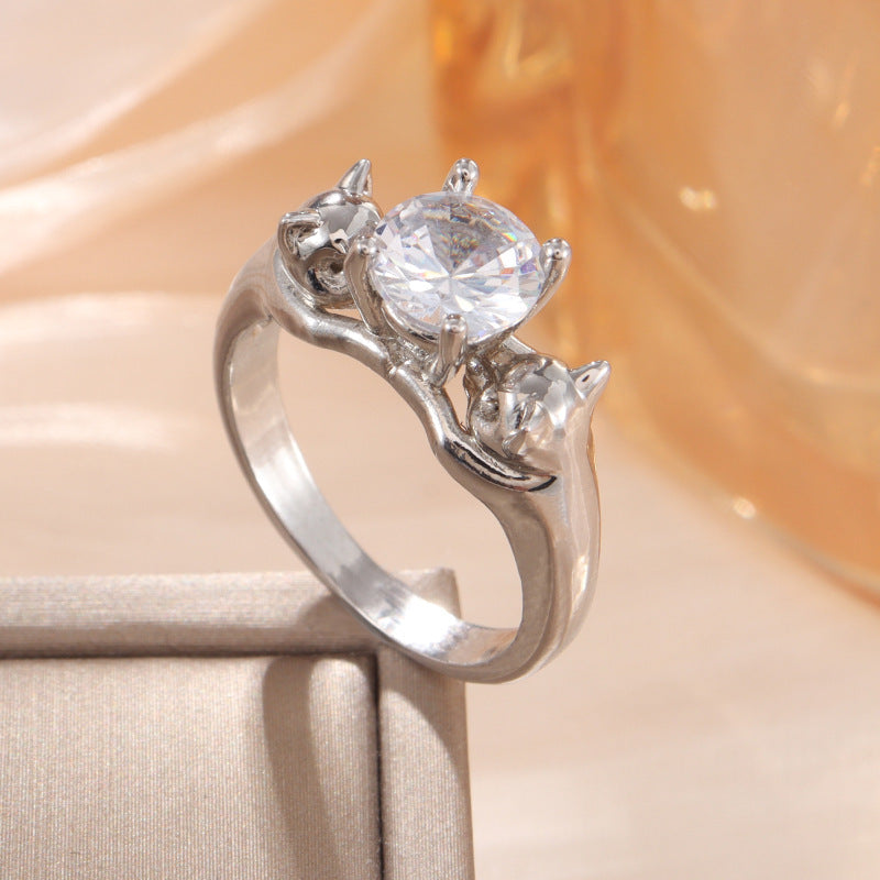 Copper Cat Ring With Kitten Diamond Accent Zodiac Design Cat Motif Jewelry Gift For Women Elegant Jewelry Gift