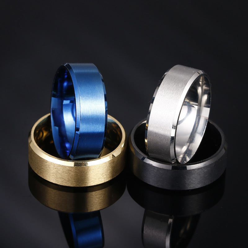 Unisex Stainless Steel Ring With Matte Geometric Design 8mm Electroplated Finish In Matte Blue Black Silver Gold