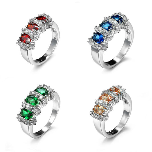 Zircon Ring Geometric Copper Jewelry For Women In Emerald Sapphire Red Champagne Tones With Electroplating Ideal Gift