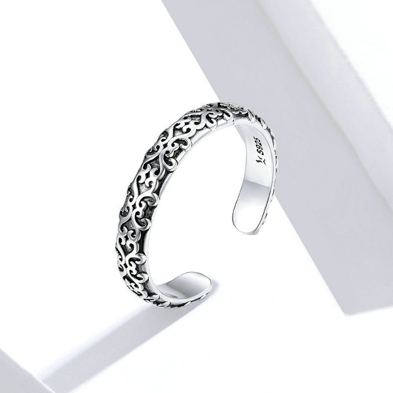 Womens Sterling Silver Adjustable Geometric Ring Vintage Pattern Design With Gem Inlay For Everyday Wear Sleek