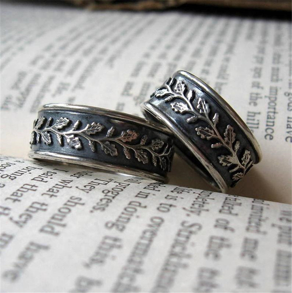 Vintage Silver Leaf Ring Alloy Fashion Jewelry For Men And Women With Gem Inlay Artificial Gemstone Inlay Rings Classic