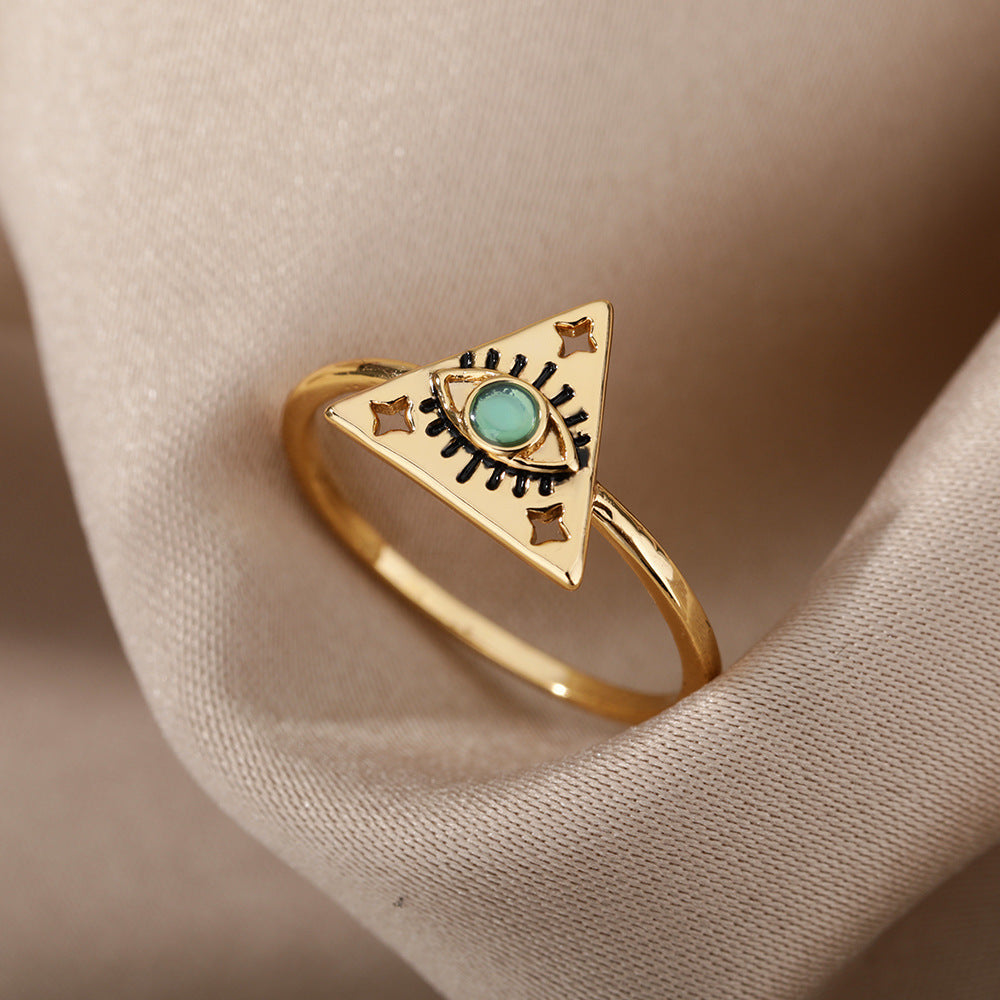 Womens Triangle Zircon Inlay Copper Ring With Electroplated Finish Fashion Jewelry Simple Elegant Ring Gold Tone