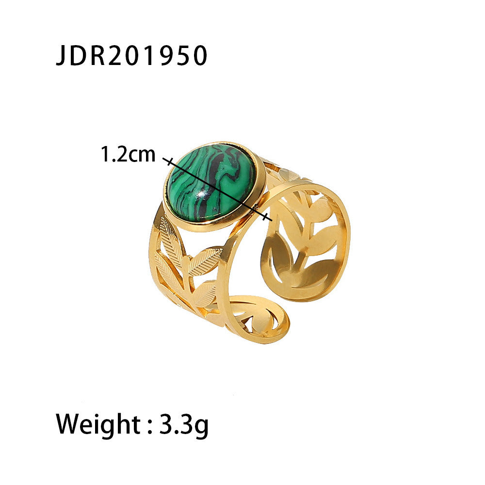 Gold Titanium Steel Ring With Turquoise Inlay Geometric Laser Flower Opening Adjustable Fashion Jewelry Elegant Trend