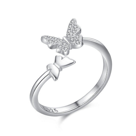 Adjustable Sterling Silver Ring Gold Plated With Inlaid Gems Insect Butterfly Design Fashion Index Finger Ring US5