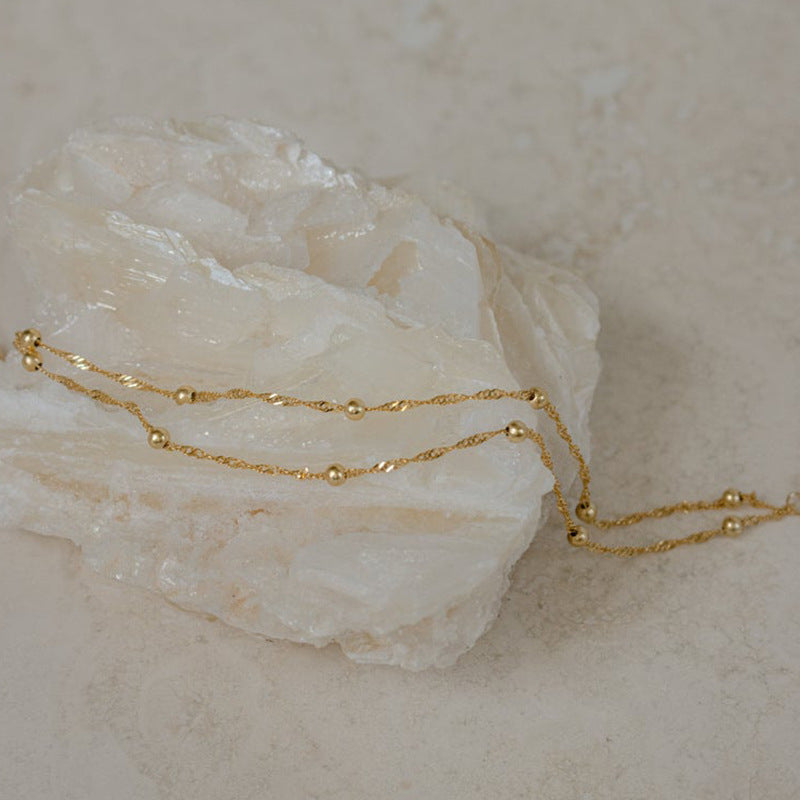 Womens Ripple Bead Chain Bracelet Gold Alloy Double Layer