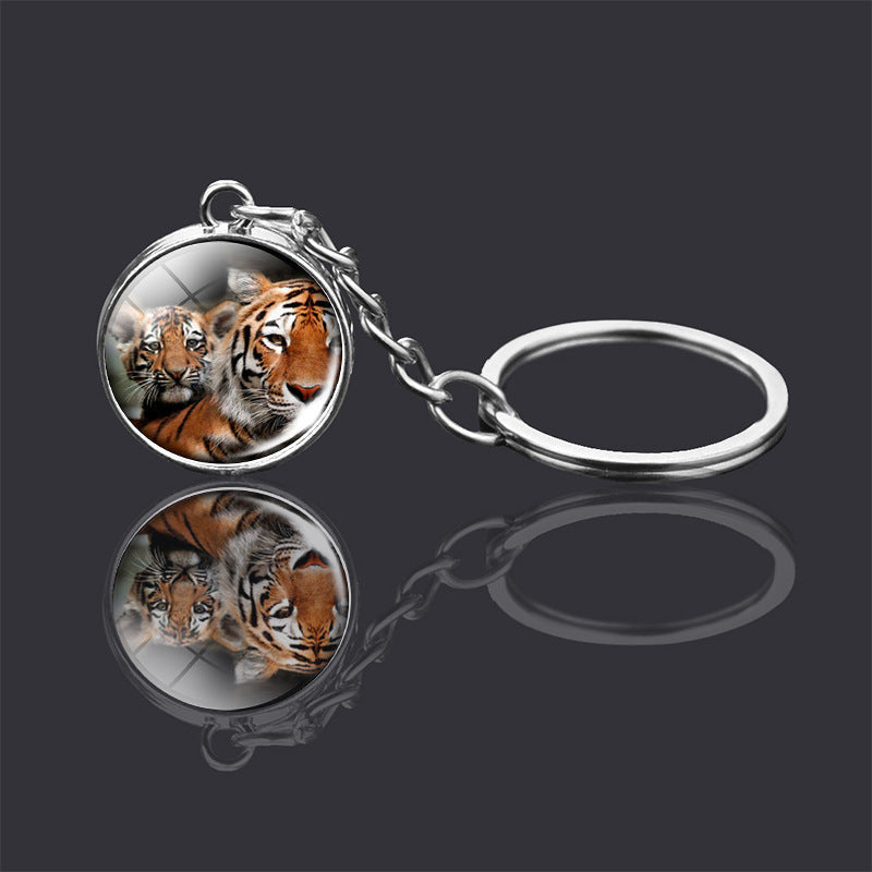 Animal Key Chain Double Sided Glass Ball Pendant Metal Key Ring Unisex Accessories Donkey Rabbit Giraffe Dolphin Fox