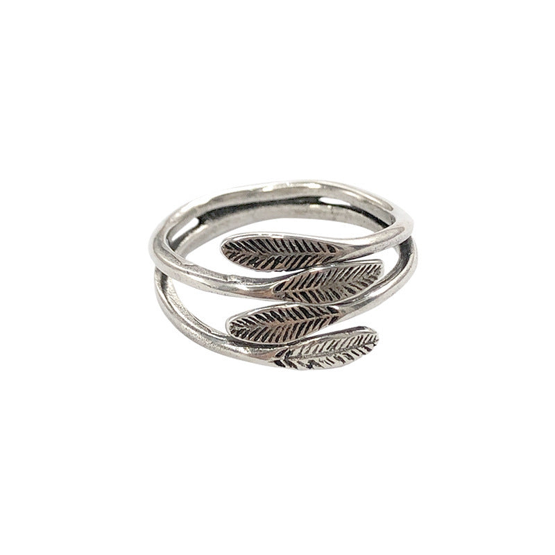 Womens Non Fading Ring Retro Feather Ring Silver Cupronickel Plated On 925 Sterling Silver Open Ring For Everyday Wear