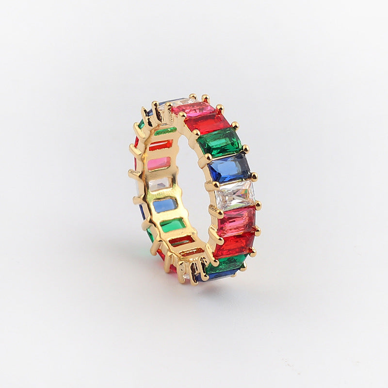 Mixed Color Rectangle Zircon Ring Gold Plated Copper