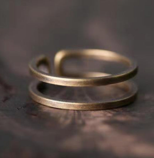 Adjustable Brass Ring With Open Mouth U Shaped Geometry Dotted Pattern Retro Electroplated Finish With Dots Details