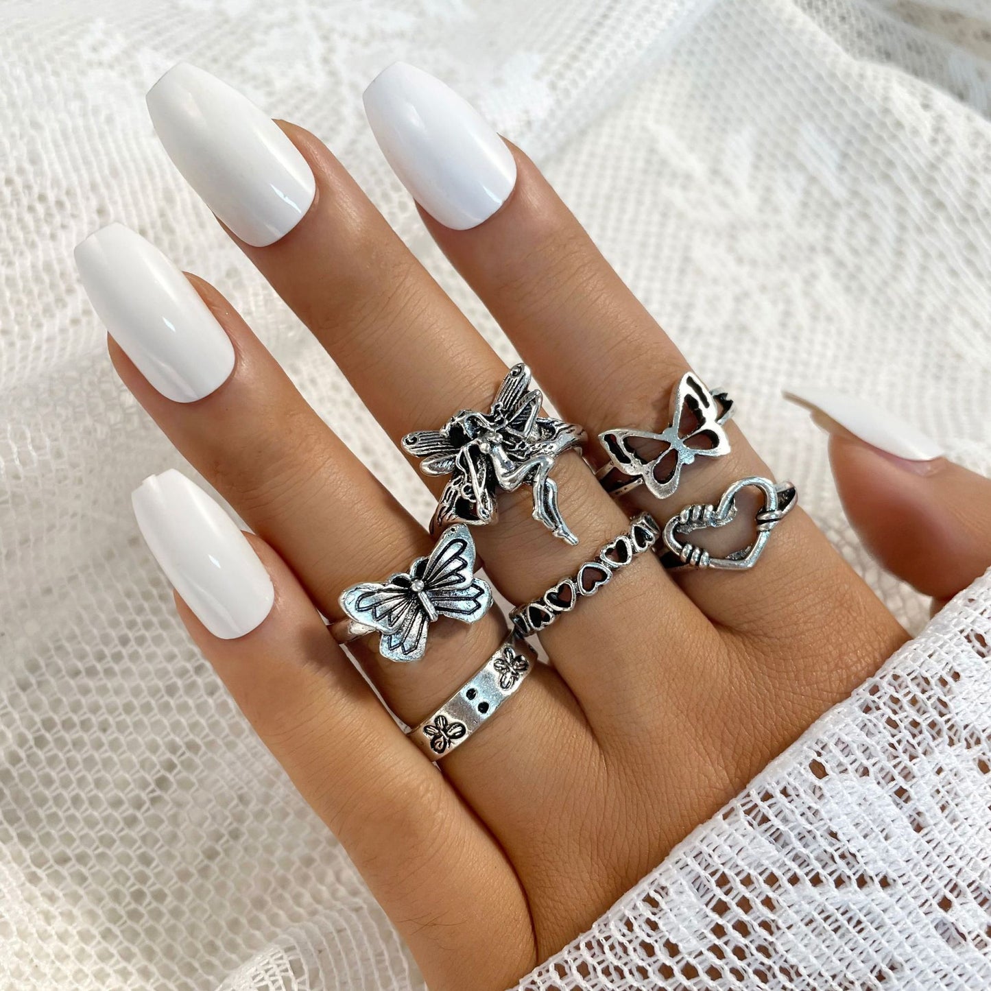 Three Piece Alloy Ring Set Featuring Heart Snake Butterfly Chain Bee Pentagram Shapes Anniversary Birthday Gift