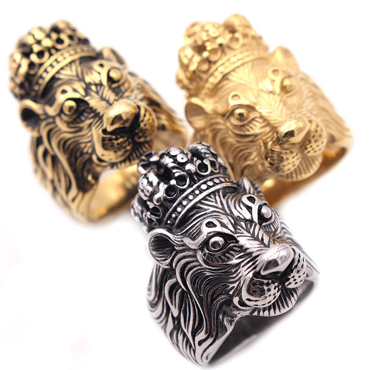 Unisex Crown Lion Ring Retro Geometric Titanium Steel Bolder Statement Jewelry Accessory Durable Everyday Wear