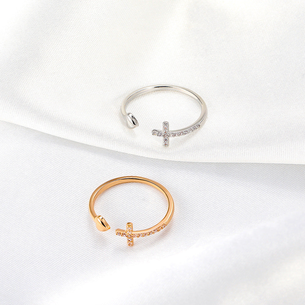 Adjustable Cross Ring Copper Zircon Geometric Metal Design Love Index Finger Ring Simple Band Korean Fashion Ring