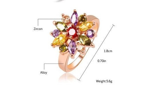Womens Zircon Ring Colorful Austrian Crystal Dazzling Electroplated Alloy Rose Gold Tone Elegant Party Wedding Jewelry