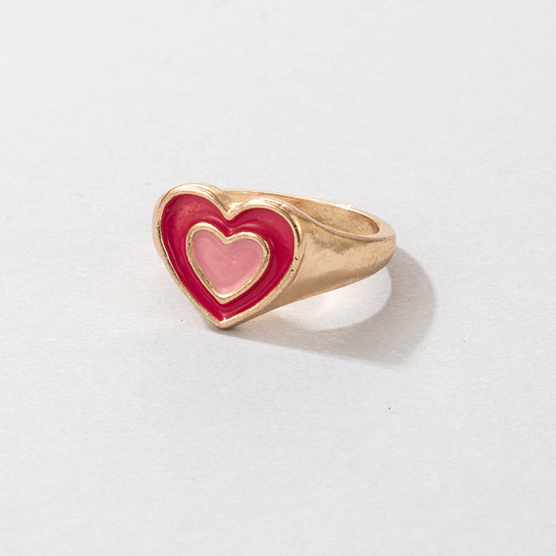 Bohemian Cartoon Ring Dripping Oil Alloy Heart Shaped Ring With Floral Daisy Or And Rainbow Elements For Women