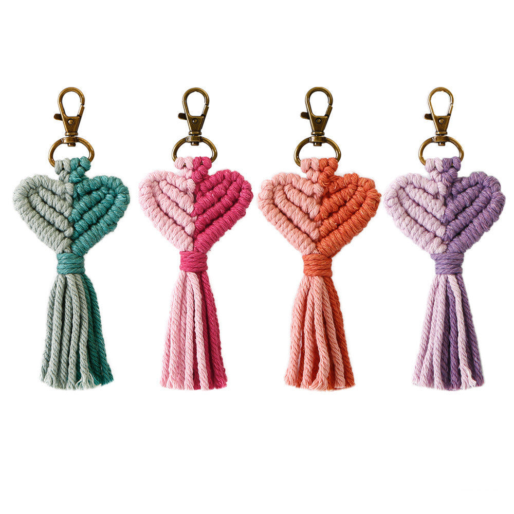 Woven Peach Heart Tassel Keychain With Cotton Rope And Simple Zinc Alloy Keyring Bag Charm Delicate For Everyday Use