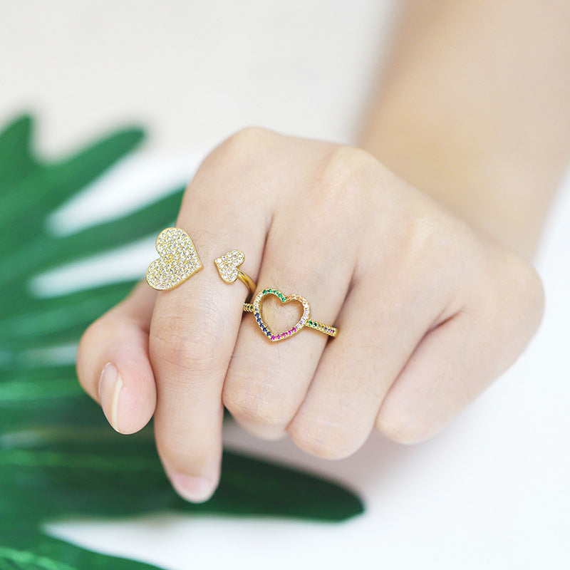 Adjustable Copper Ring For Women Heart Shaped Zircon Inlay Jewelry With Elegant European American Style Design