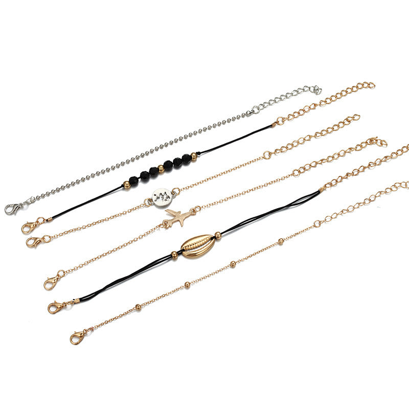 Geometric Alloy Bracelet Set With Airplane And Round Bead Chains For Women Girls Six Piece Gift For Everyday Wear
