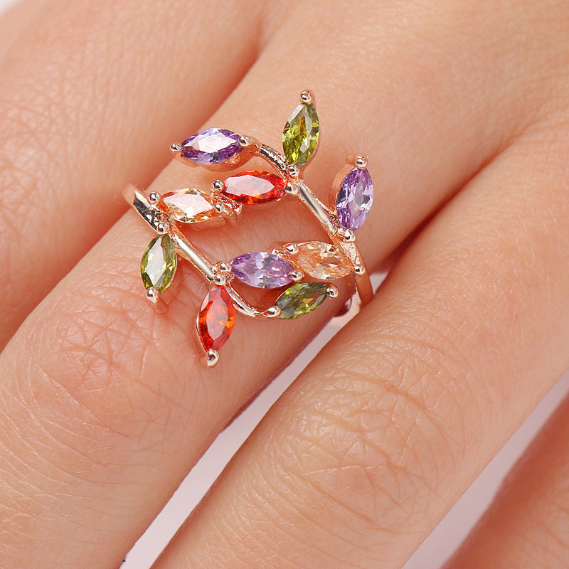 Leafy Zircon Ring Trees Branch Design Rose Gold Plated Copper Fashion Jewelry For Women Wears Trendy Accessory