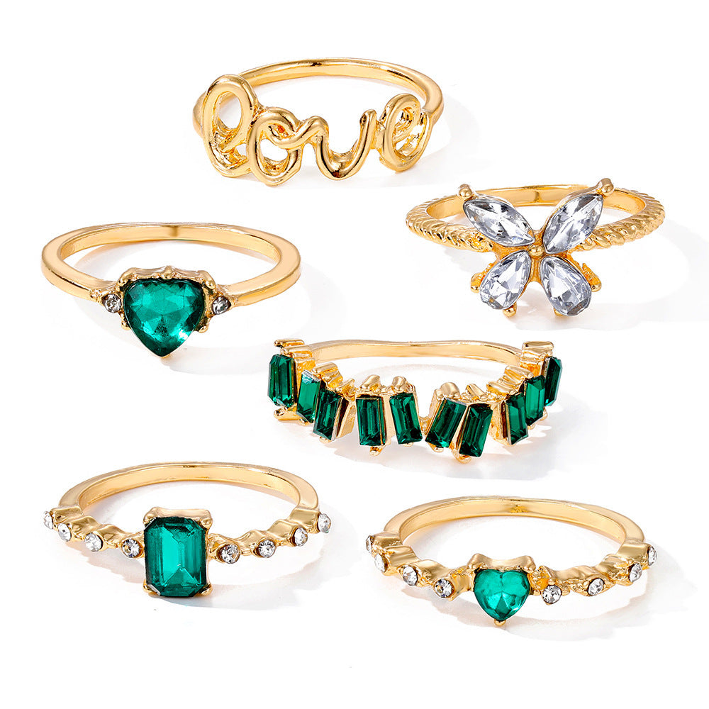 Butterfly Ring Set Inlaid Emerald Green Gems Retro Diamond Design Alloy Rings 6 Piece Fashion Jewelry Ring Set
