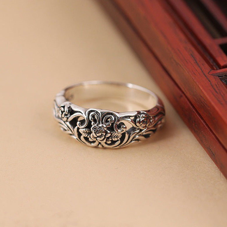Womens Vintage Ring Thai Silver Rose Ring Copper Inlay European Design Black Ring Fashion Jewelry Gift Size 5 6